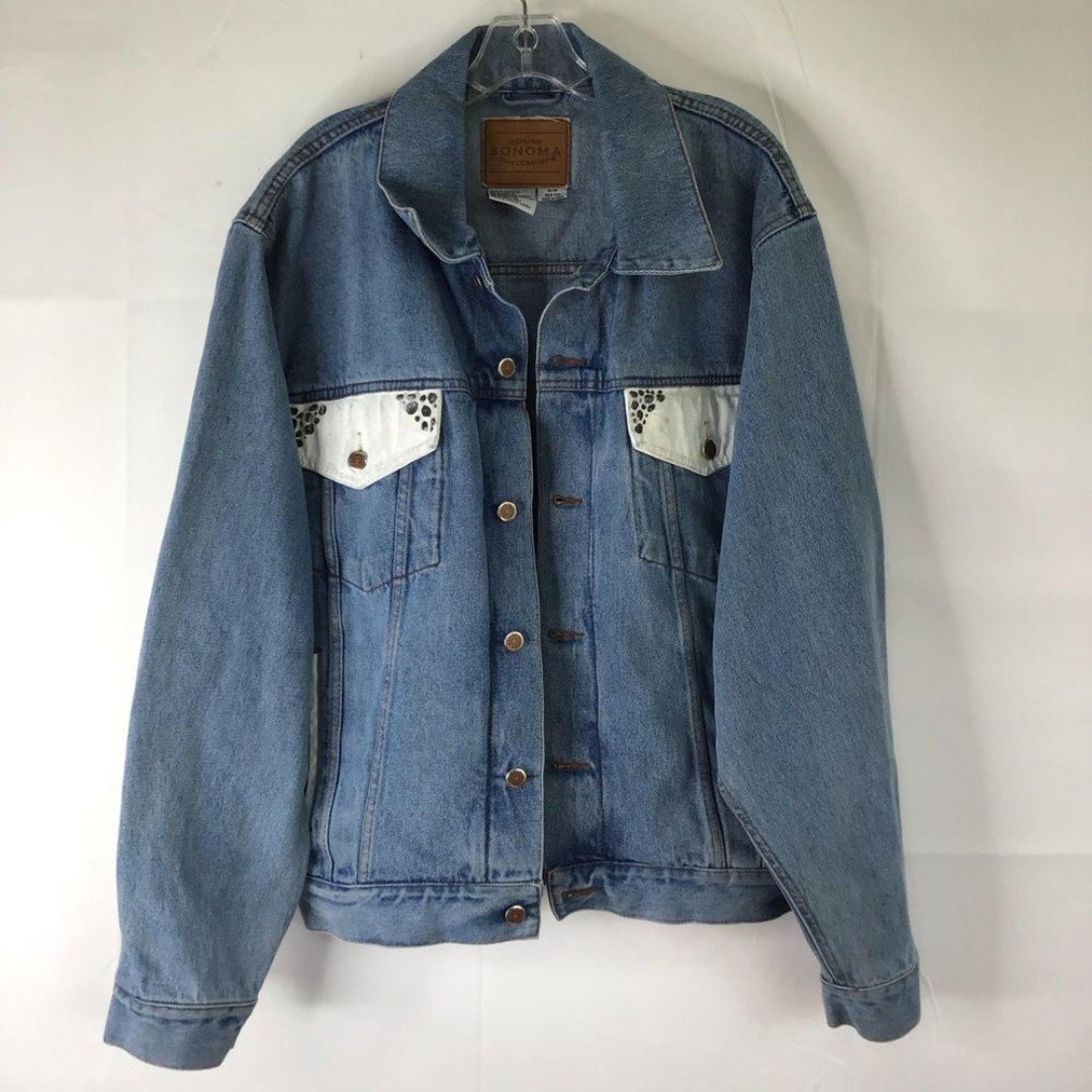 SONOMA JEAN WOMEN BLUE w/WHITE ANIMAL PRINT JEAN BUMPER JACKET SIZE M 4 POCKETS