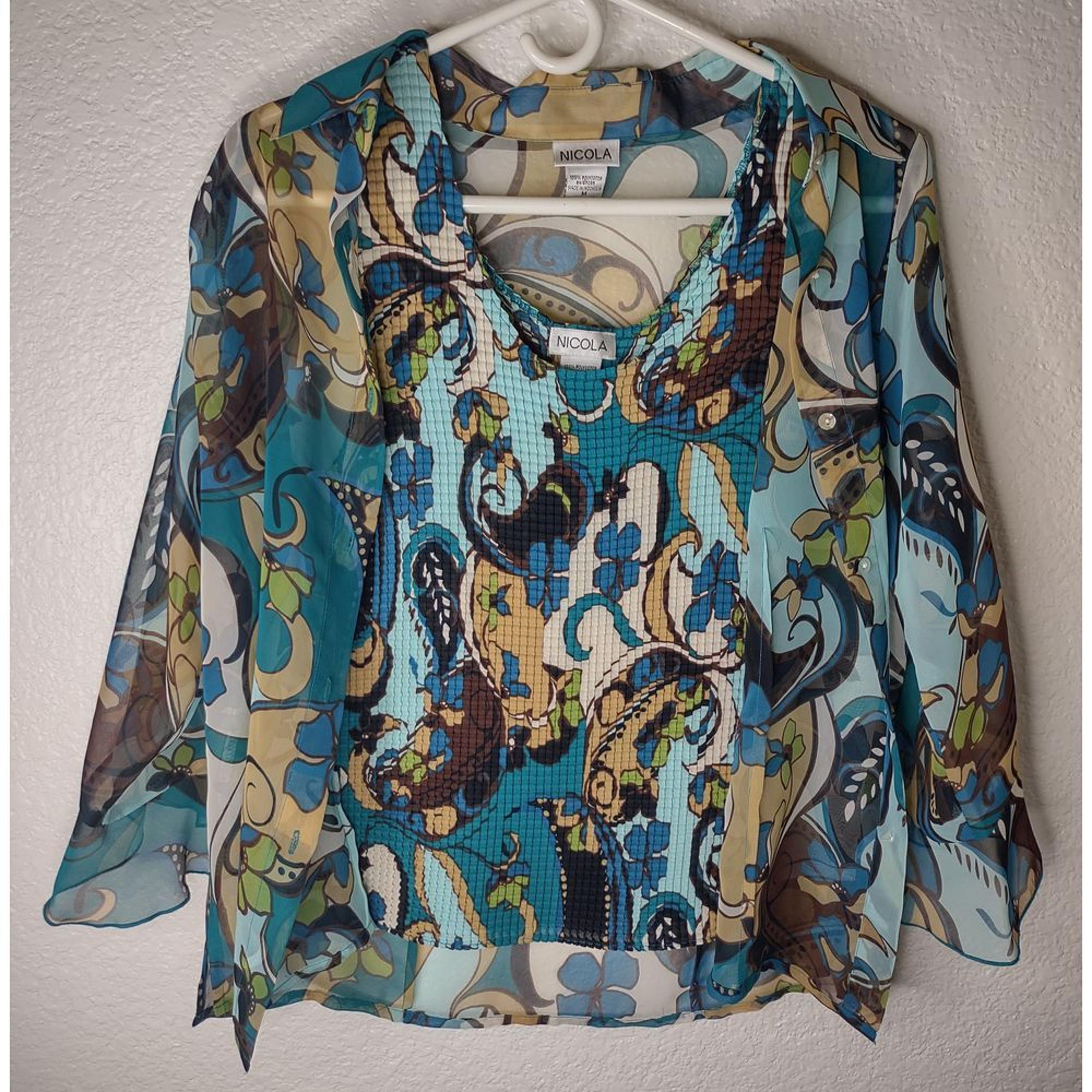 Nicola Sheer Blouse + Tank Top Matching Set Size Medium Blue Paisley Floral