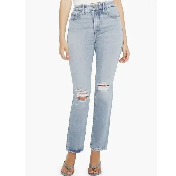 Good American Good Legs Straight Leg 90s High Rise Crop Ripped Distressed 10/30