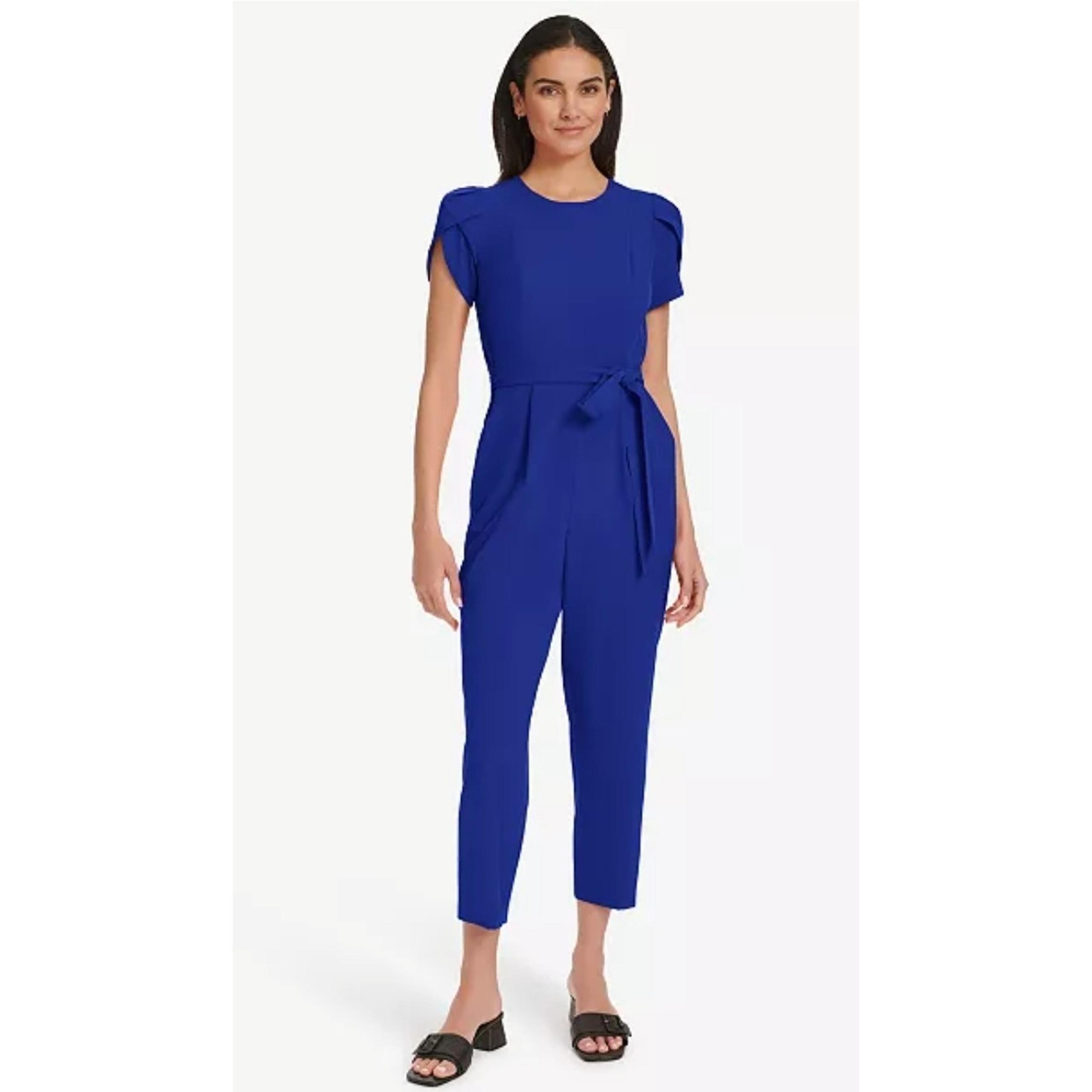 Calvin Klein Women's Blue Short-Sleeve Tapered Belted Jumpsuit Size 4 Business