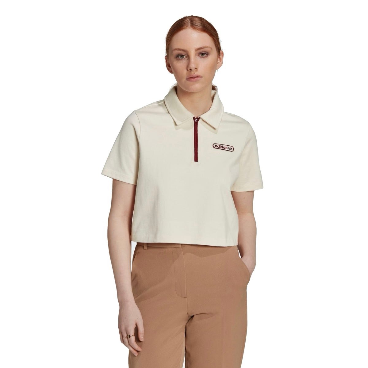 Adidas Originals Women’s Non-Dyed Cropped Zip Polo Shirt In Cream NWT