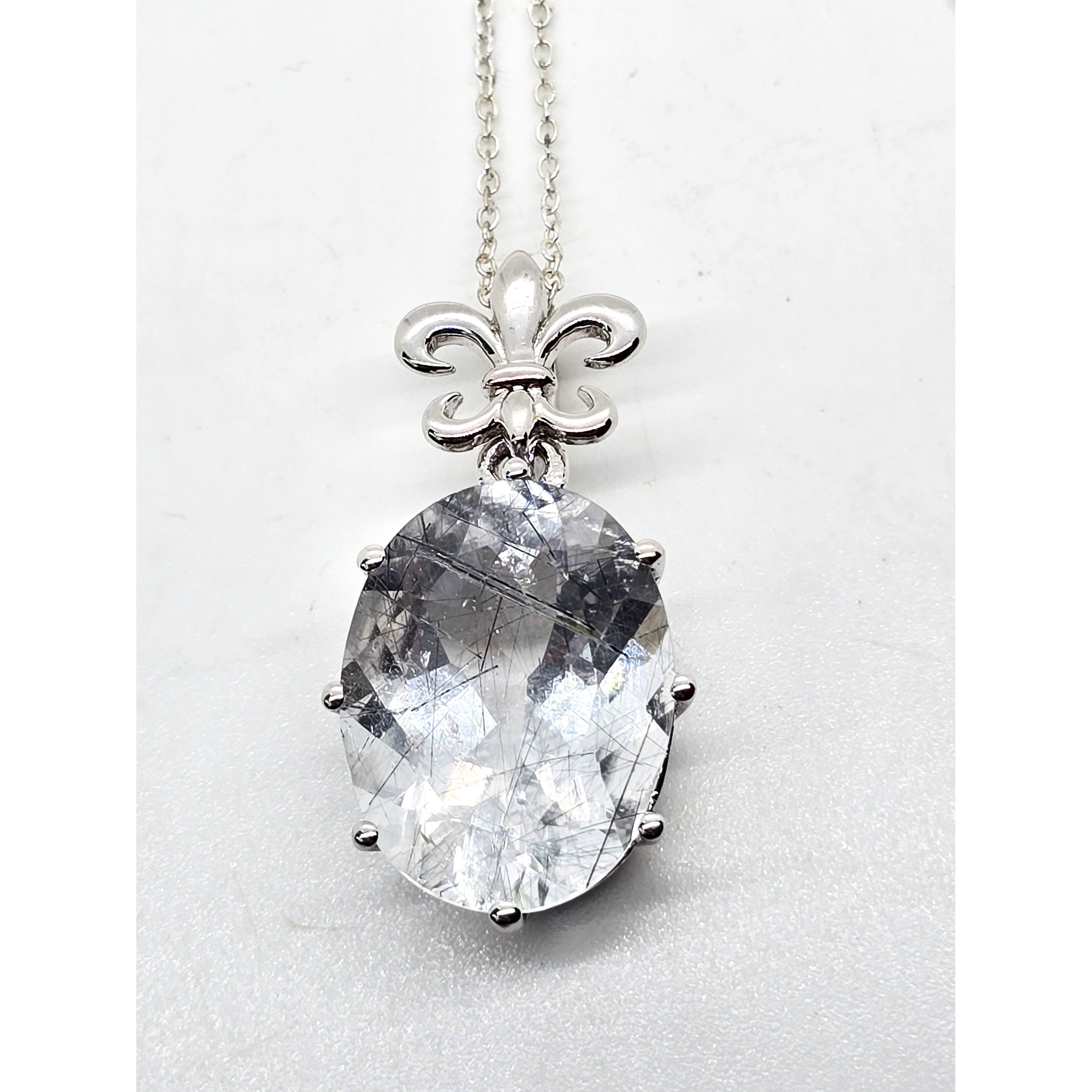 Rutilated Black Tourmaline in Quartz Fleur de Lis sterling silver pendant neckl