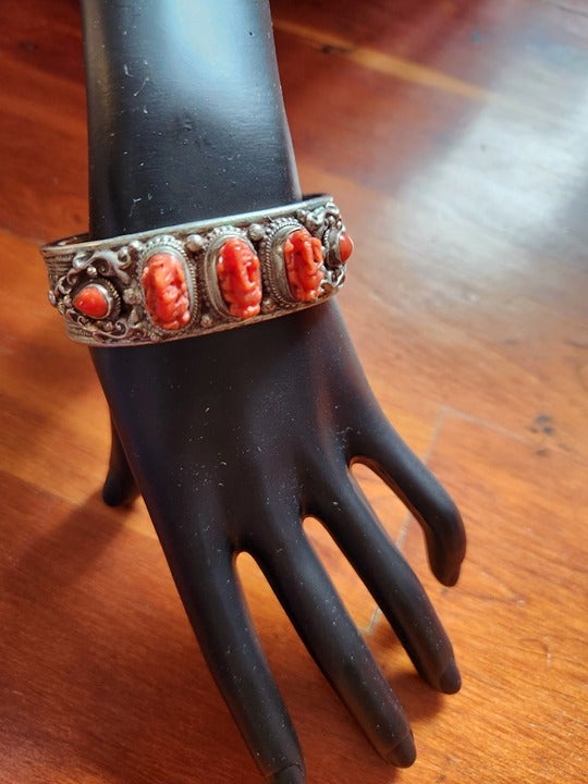 Coral & Sterling Silver Ganesh Bracelet