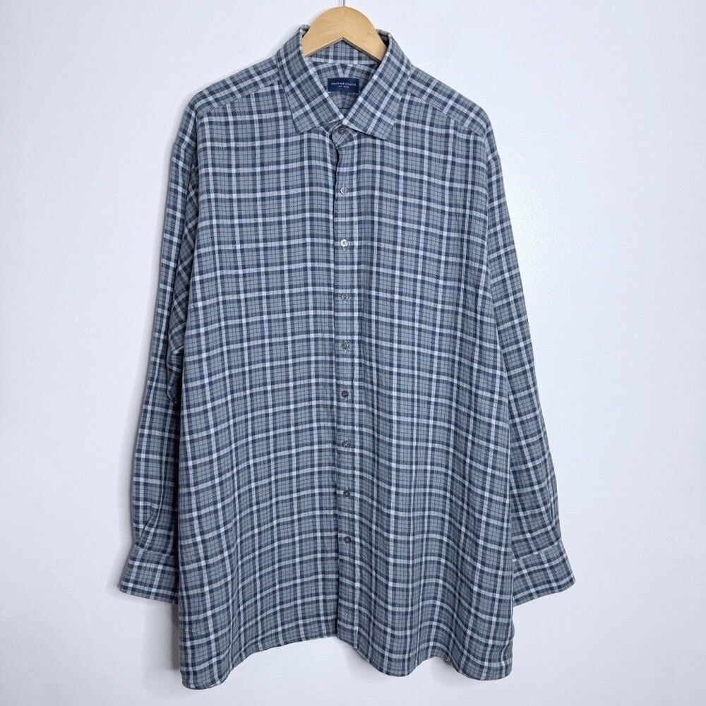 Proper Cloth Men's 100% Linen Navy Plaid Long Sleeve Button Up Shirt 18.5-36