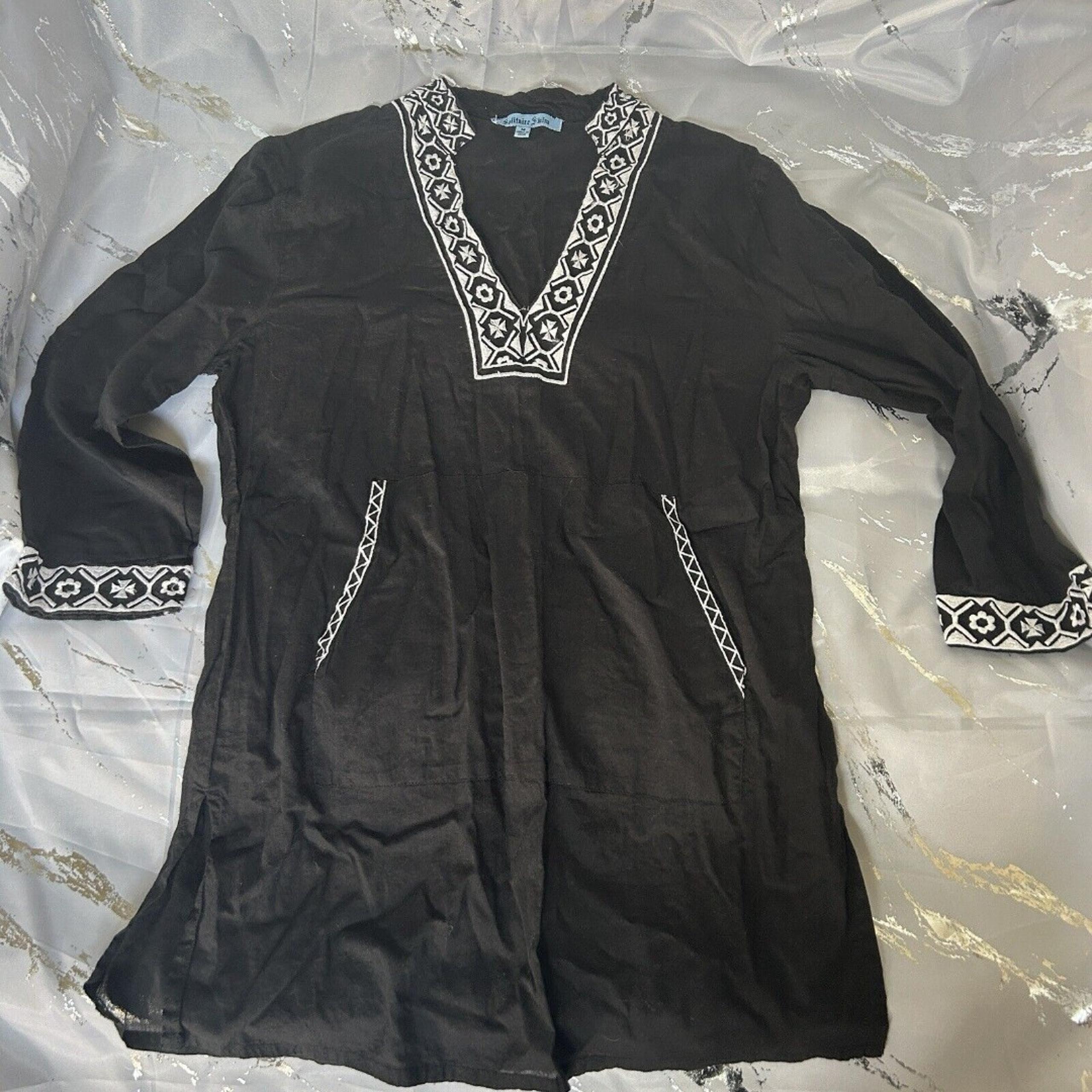 Solitaire Swim Cover Up Tunic  Womens 100% Cotton  Crochet Lace Pockets