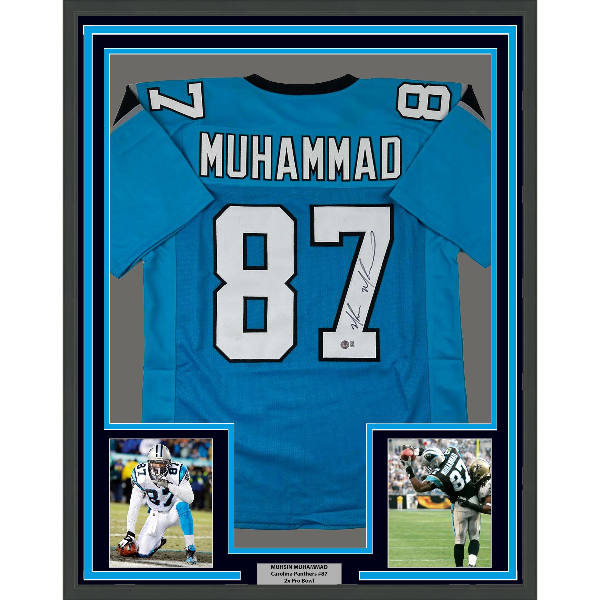 Framed Autographed/Signed Muhsin Muhammad 35x39 Carolina Blue Jersey Beckett BA