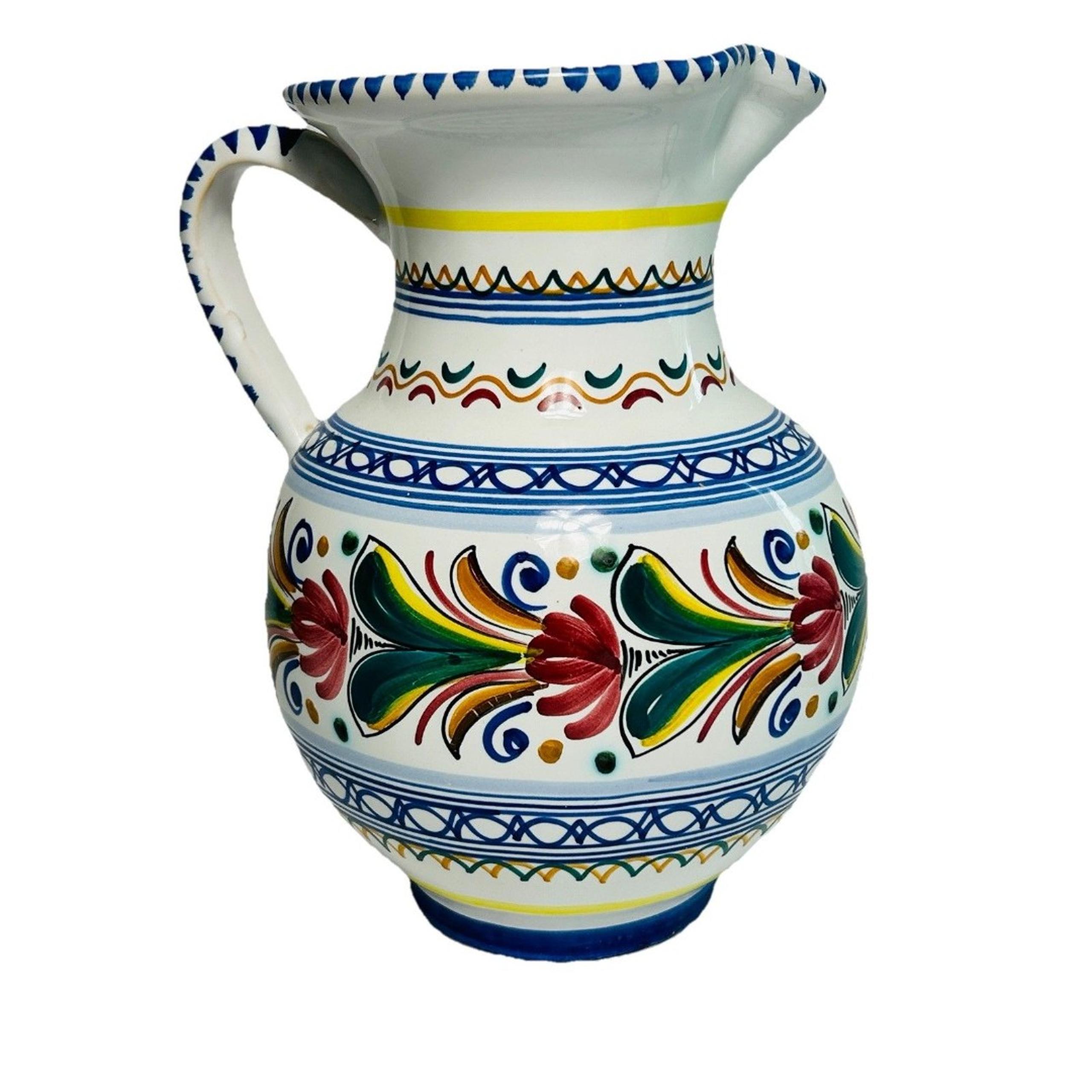 Spanish Art Pottery Pitcher Hand Painted La Posada Colorful Cobalt Blue 9.5"