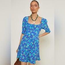 Rixo London Lilita Fontainhas Floral Cobalt Blue Print Mini Dress Size Small