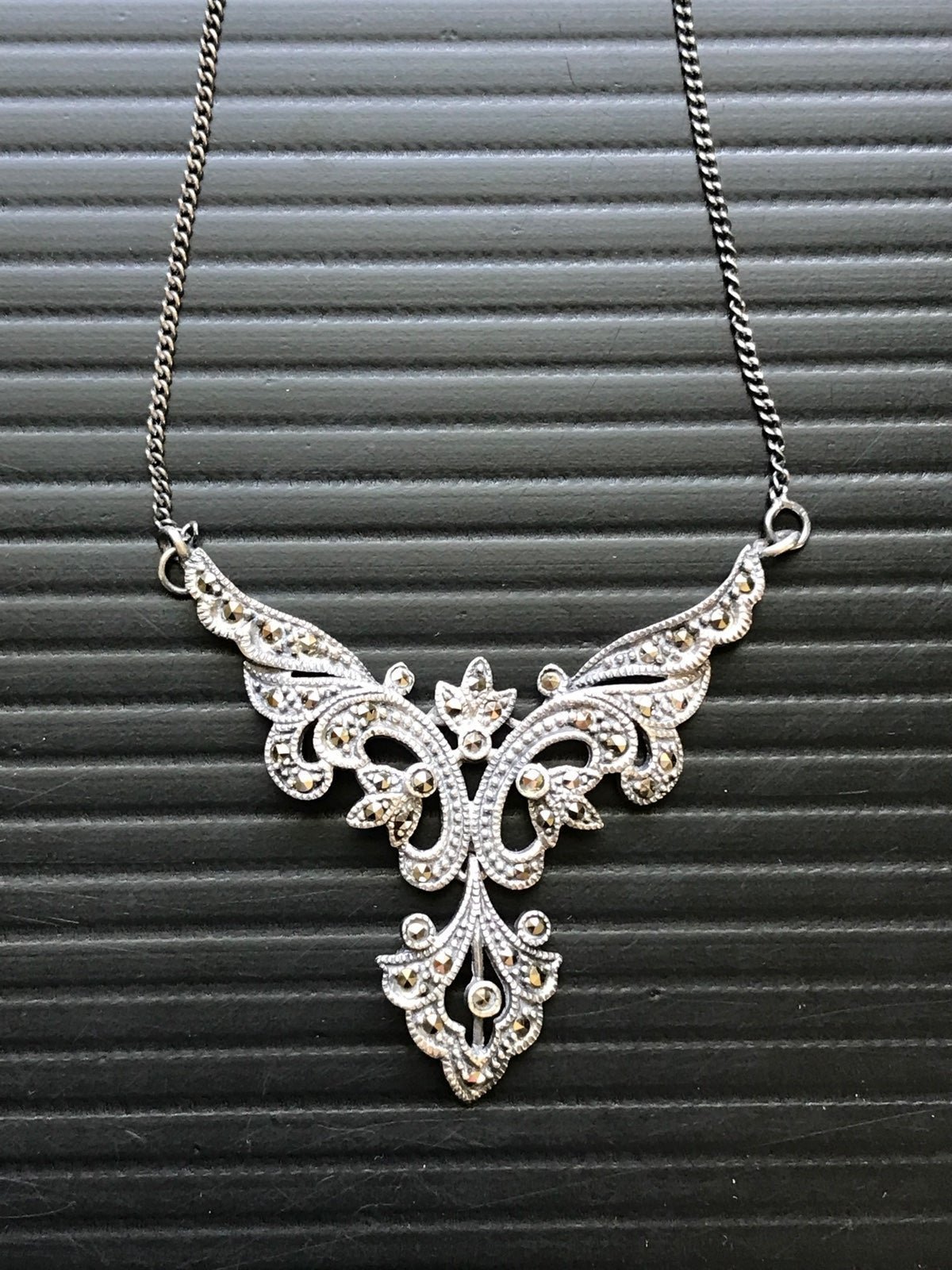Vintage Sterling Silver & Marcasite Angel Wings Pendent On Short Chain Necklace