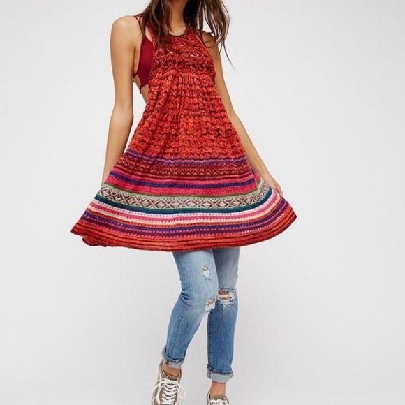 NEW FREE PEOPLE Rare Hearts Tunic Sweater Dress Red M