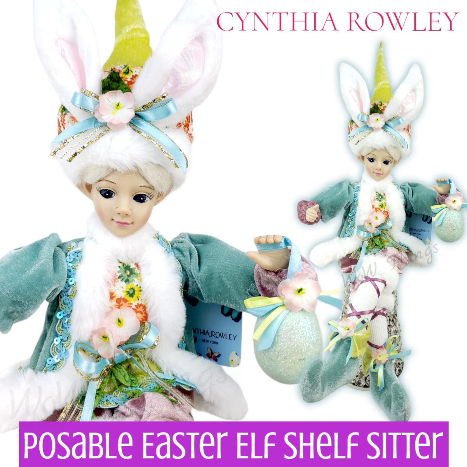 CYNTHIA ROWLEY POSABLE EASTER BUNNY EAR ELF w/ FAUX FUR TRIMS SHELF SITTER | 2O