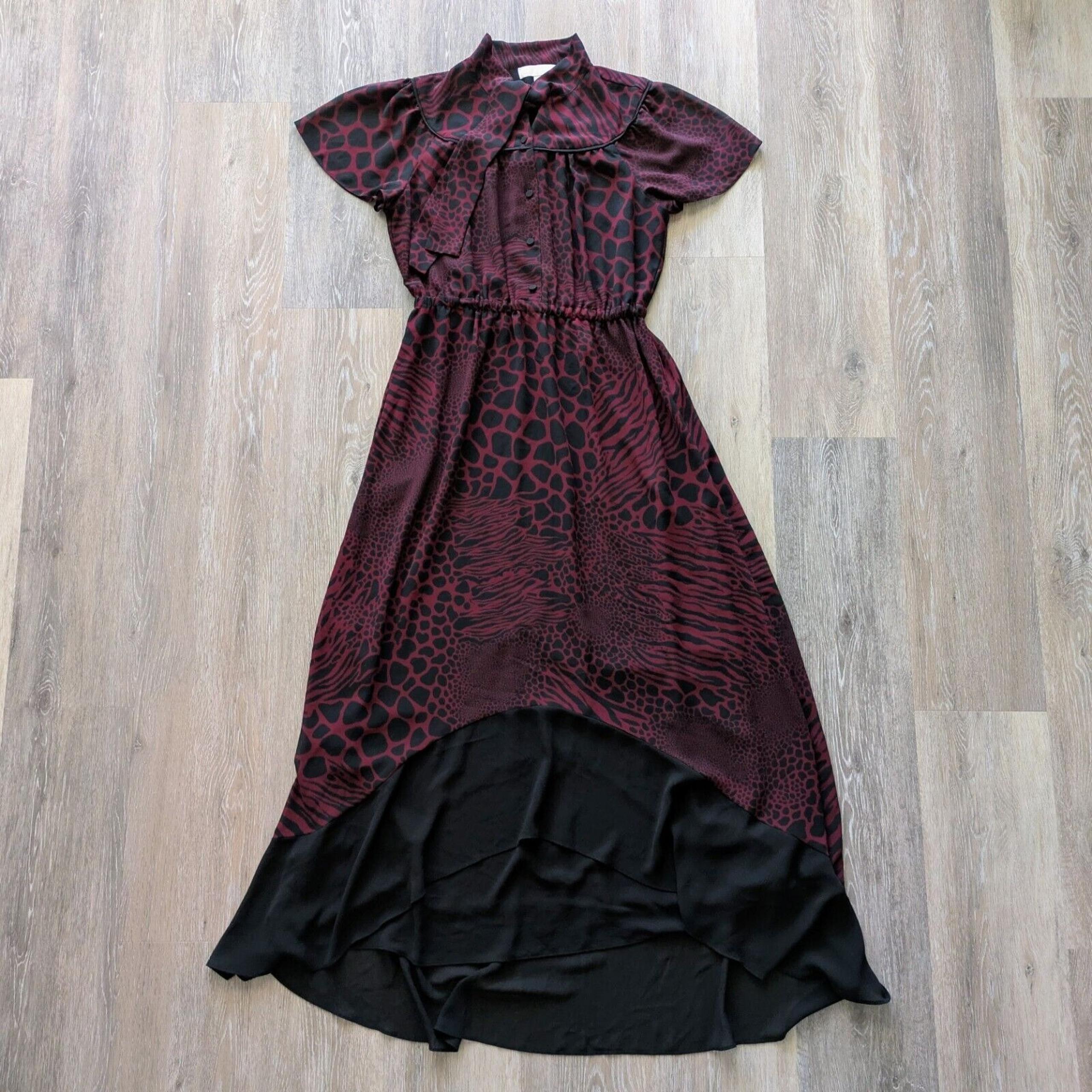Michael Kors Chiffon Maroon High/Low Button Front Dress With Tie Neck SZ 8