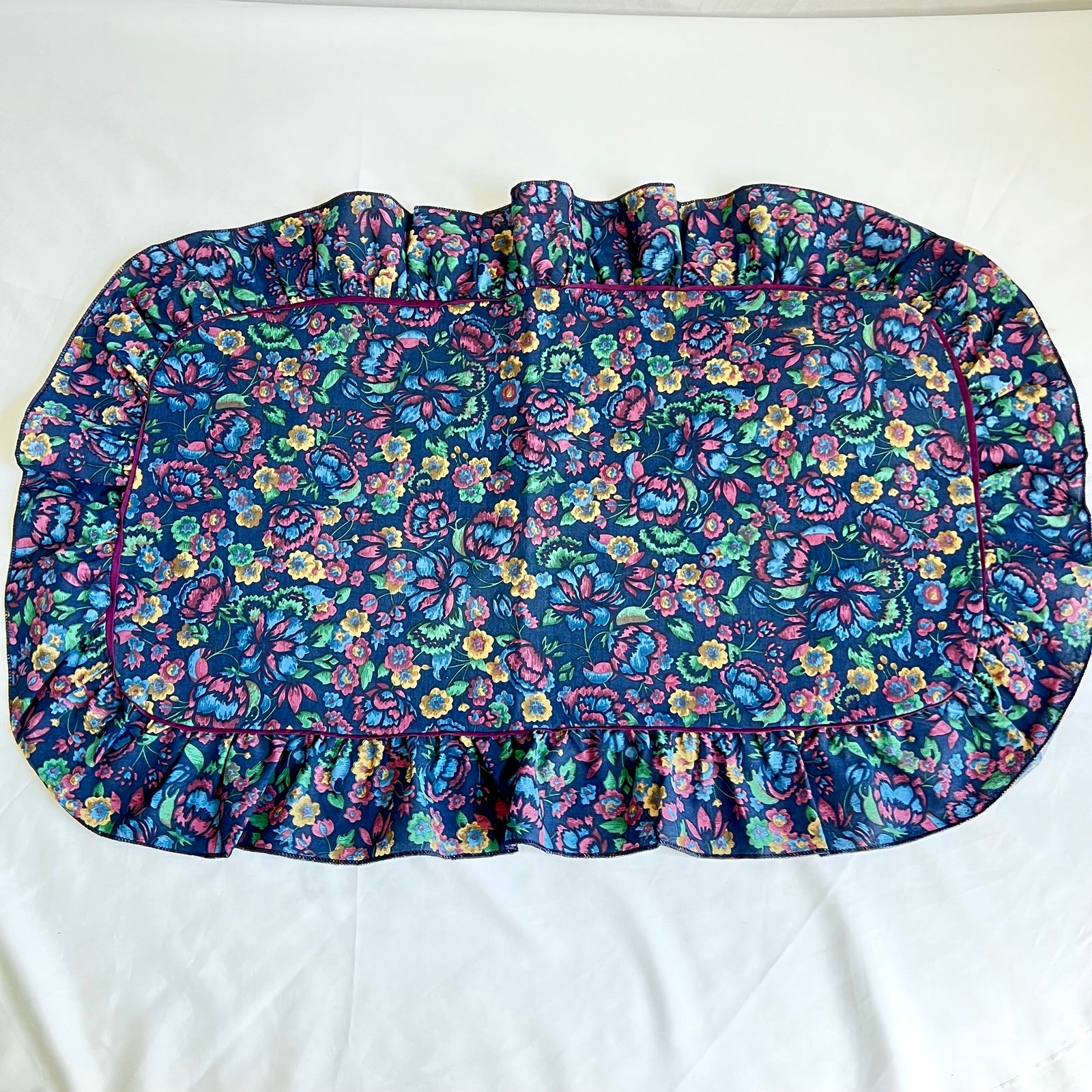 Vintage Navy Floral Ruffled Shams / Pillowcases Thick material Excellent like