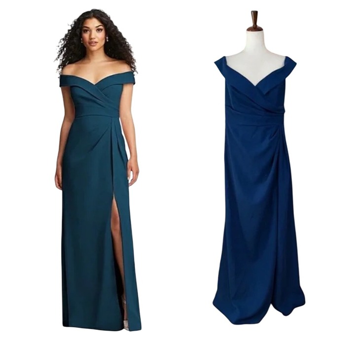 After Six Atlantic Blue Formal Gown Size 8R Off-The-Shoulder Slit Maxi Dress