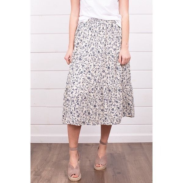 NWT Mystree Womens Blue & White Ditsy Floral Peasant Midi Skirt Large