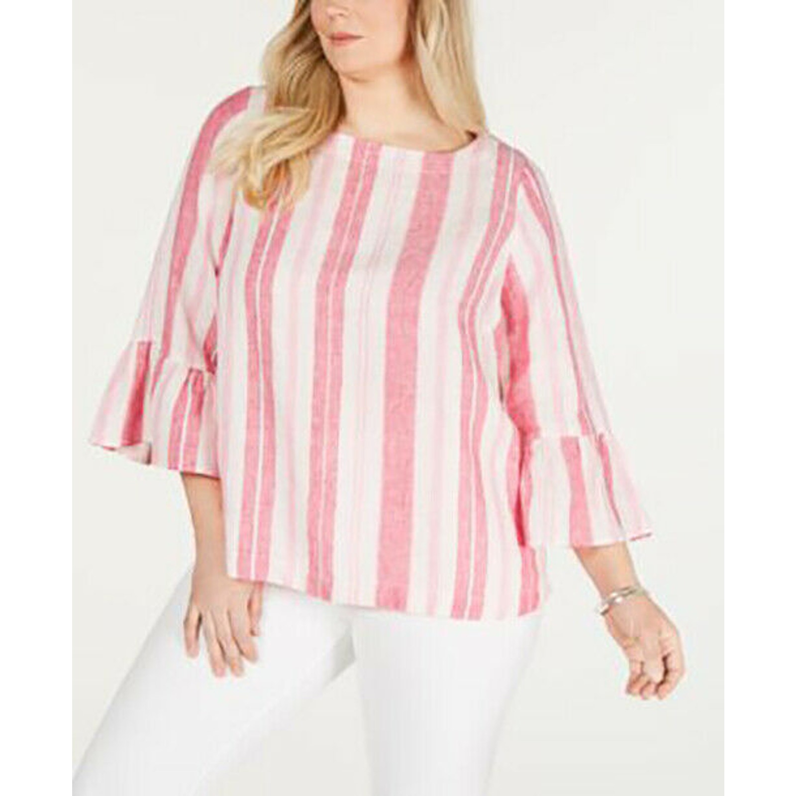 Charter Club Linen Striped Top Bell Sleeves Pink Combo Plus OX/ large NEW