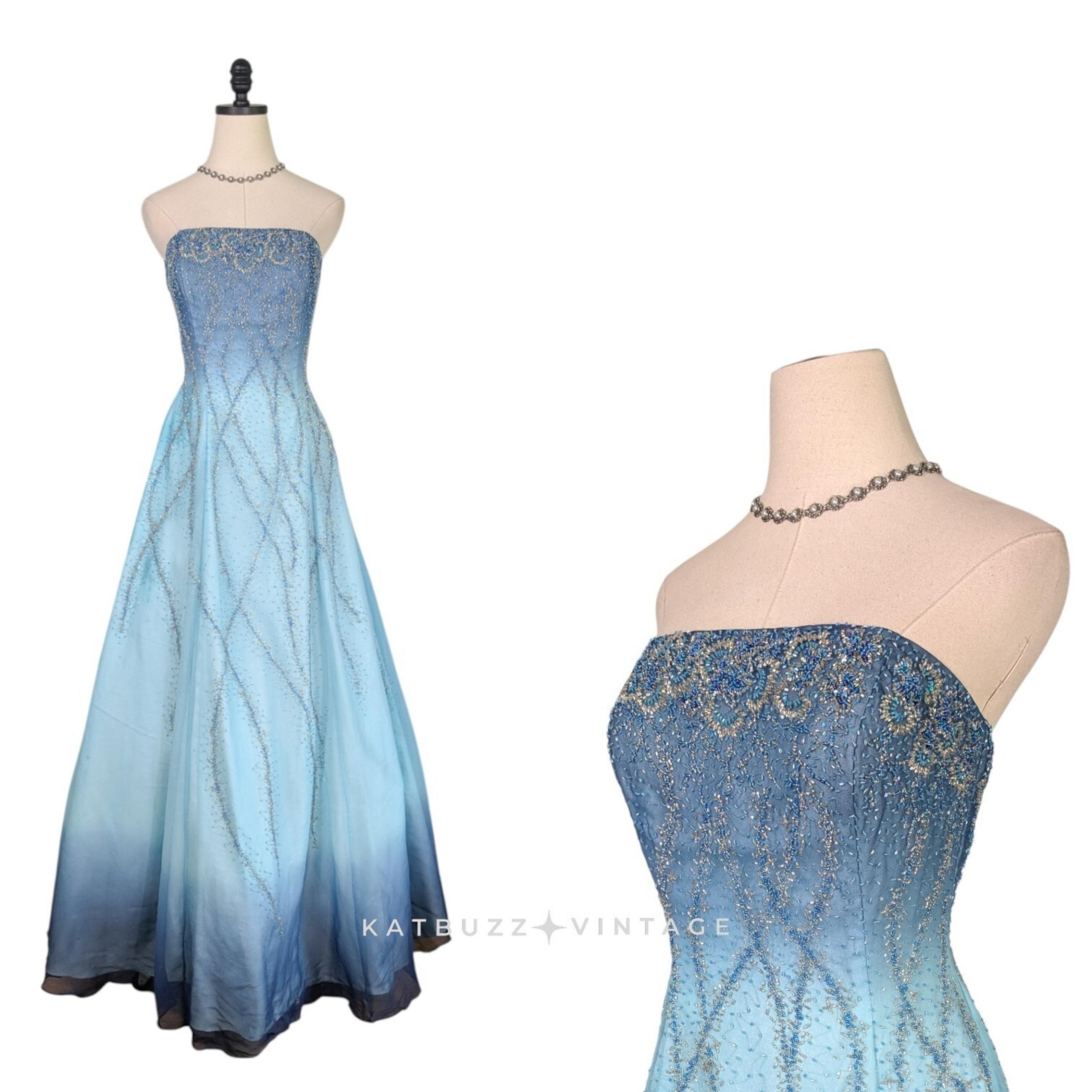 Y2K La Femme Prom Dress Maxi Ball Gown 8 Blue Silk Glam Bead Cinderella Ombre