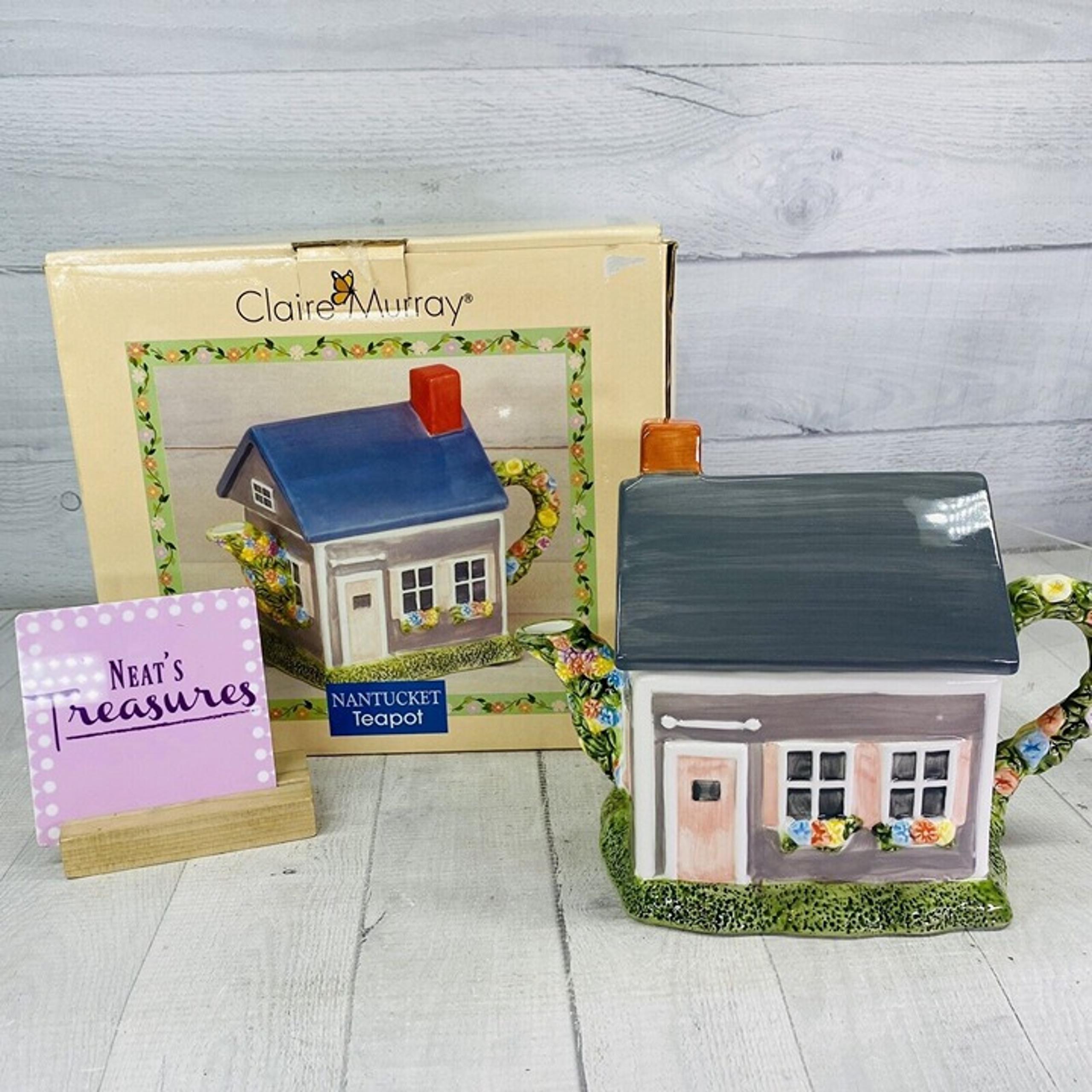Sakura Claire Murray NANTUCKET Earthenware Hand Painted Flower House Teapot NEW