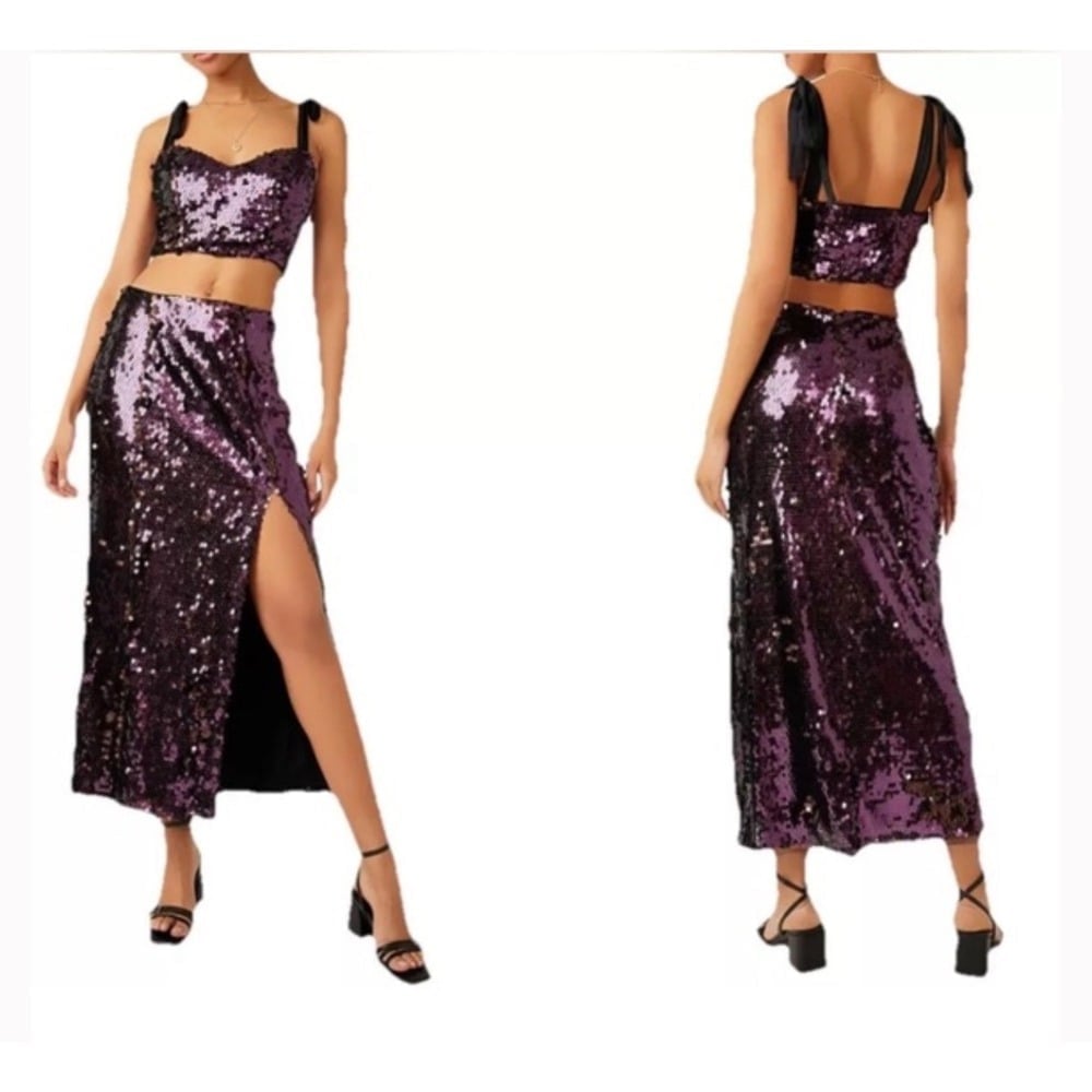 FREE PEOPLE Bright Star Lilac Purple Sequin Set Crop Top Maxi Skirt w/Slit SZ 2