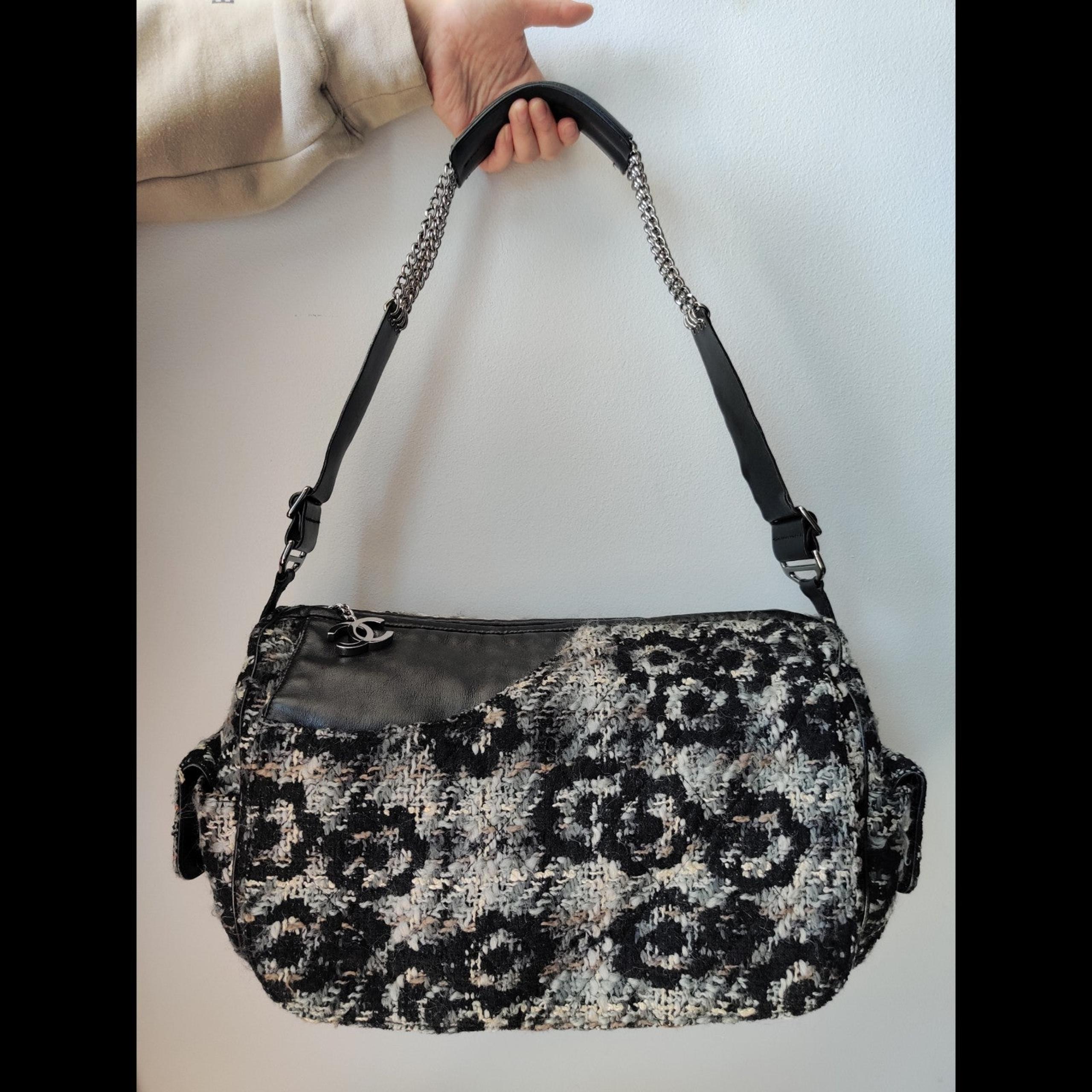 CHANEL Tweed Camellia Duffel Flap Bag