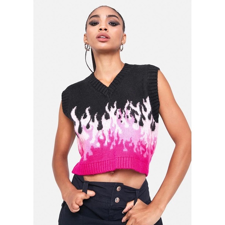 THE RAGGED PRIEST Burnout Flame Black & Pink Cropped Sweater Vest, Size XS