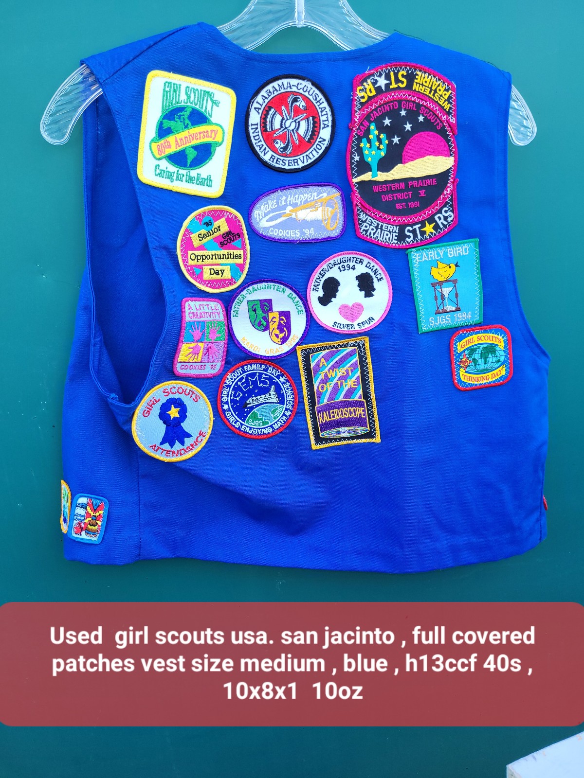 Used girl scouts usa. san jacinto , full covered patches vest size medium , blu