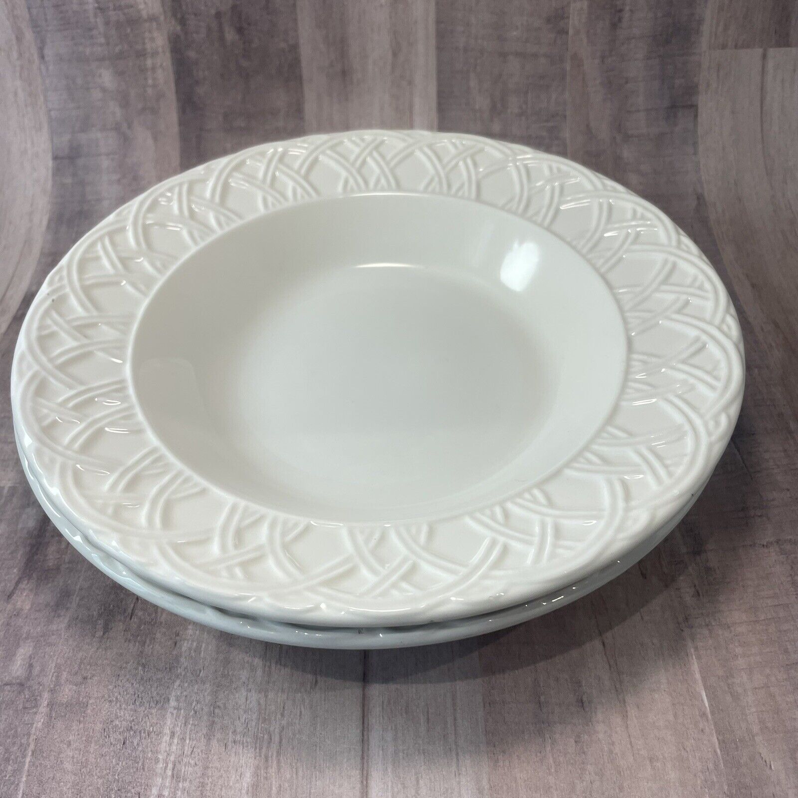 Pier 1 One BASKET RELIEF Quadrifoglio Italy All White Rim Soup Pasta Bowls Set 2