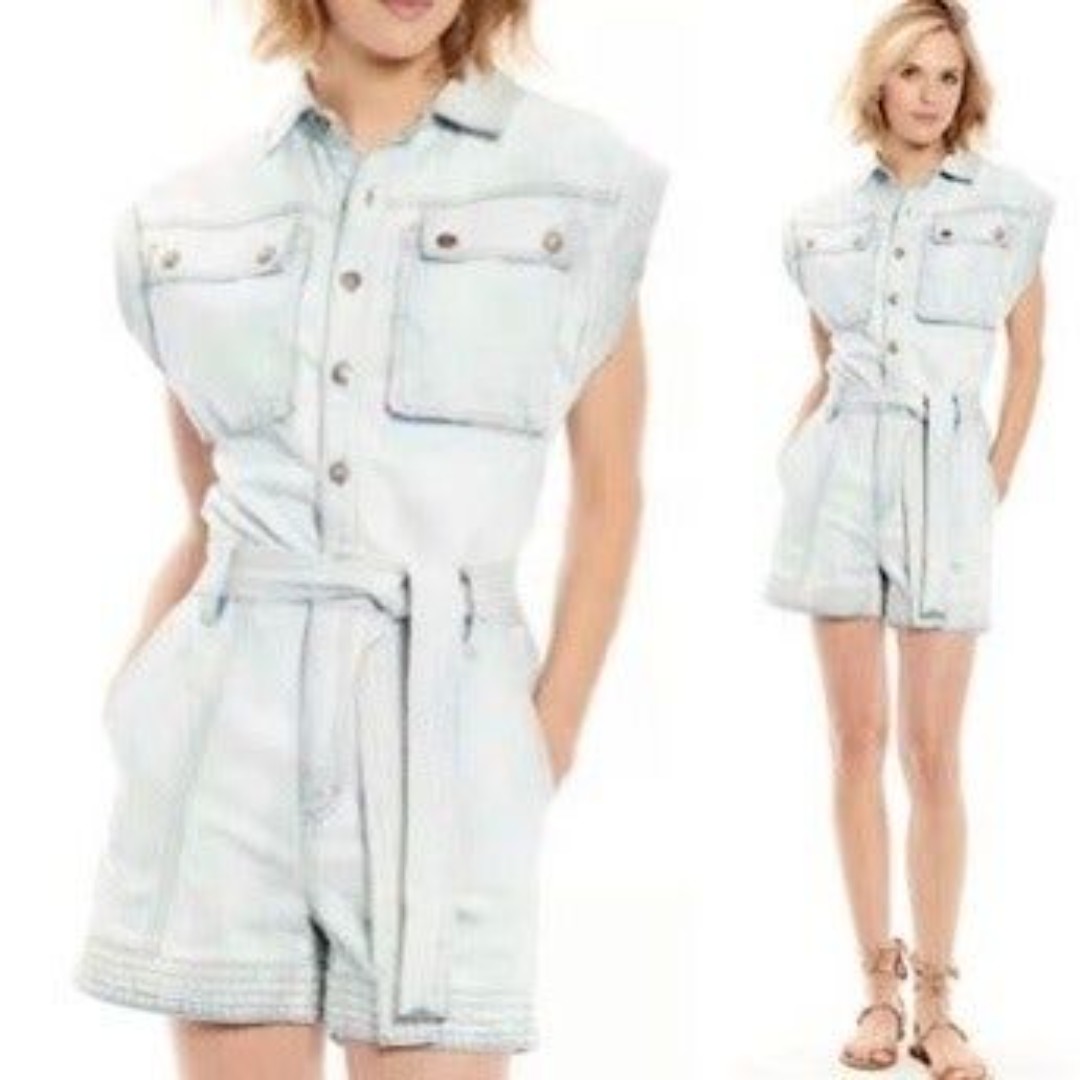 Happy X Nature Size 10 Denim Romper-Belted-Pockets-Light Wash-Pockets-Sleeveless