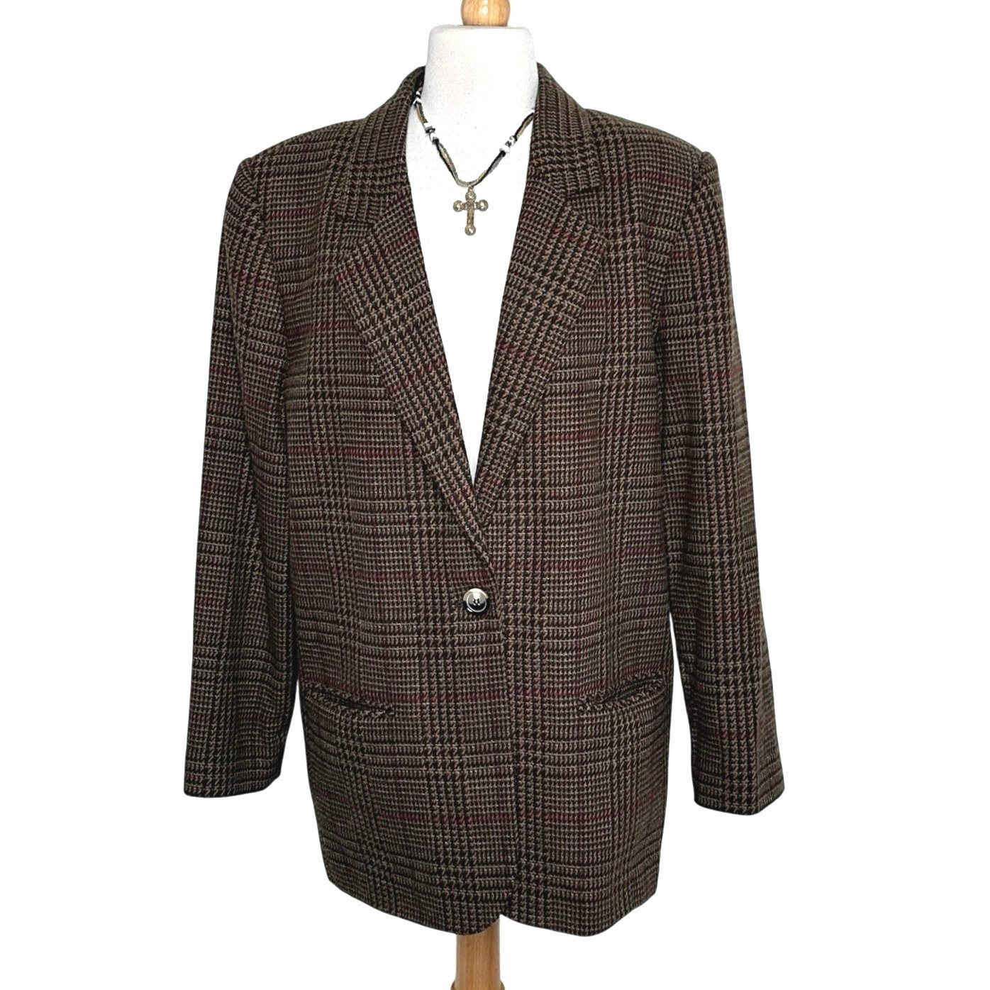 Vintage Sag Harbor Blazer woman’s 14 Brown Plaid Tweed Wool Blend Old Money