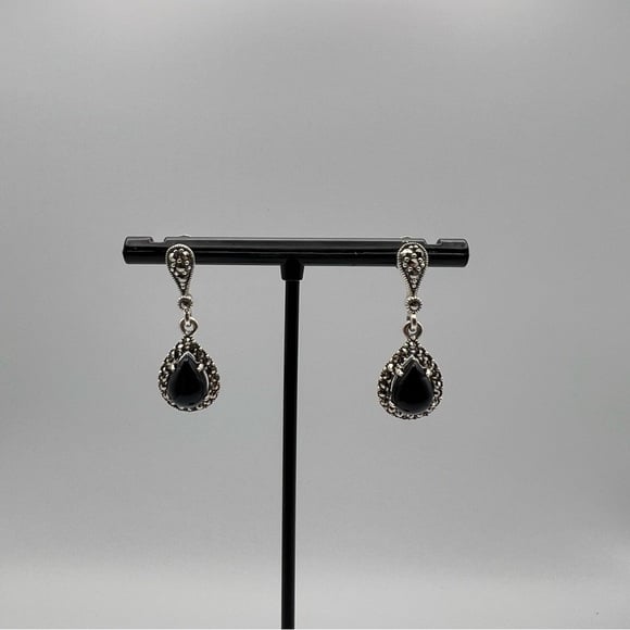Black Onyx Tear Drop Marcasite Earrings Sterling Silver