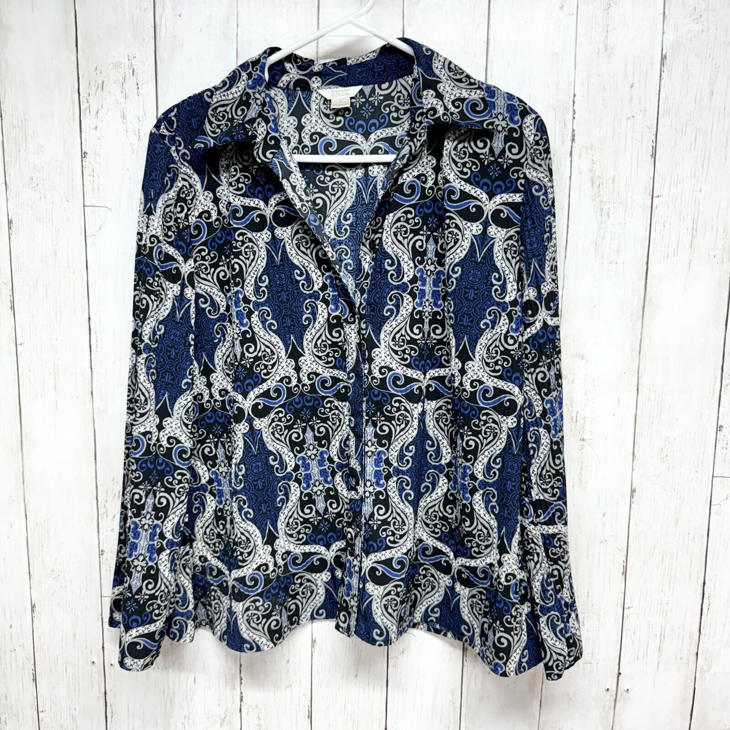 Christopher + Banks Shirt Women Size L Paisley Printed Button Down Blue Collar
