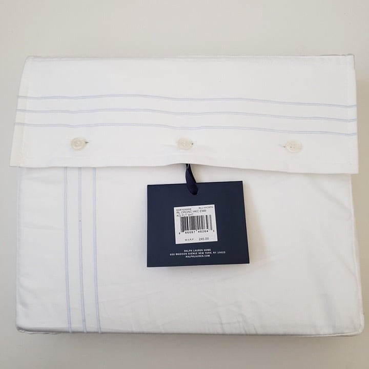 Ralph Lauren King Organic Sateen Handkerchief Embroidery Flat Sheet Blue