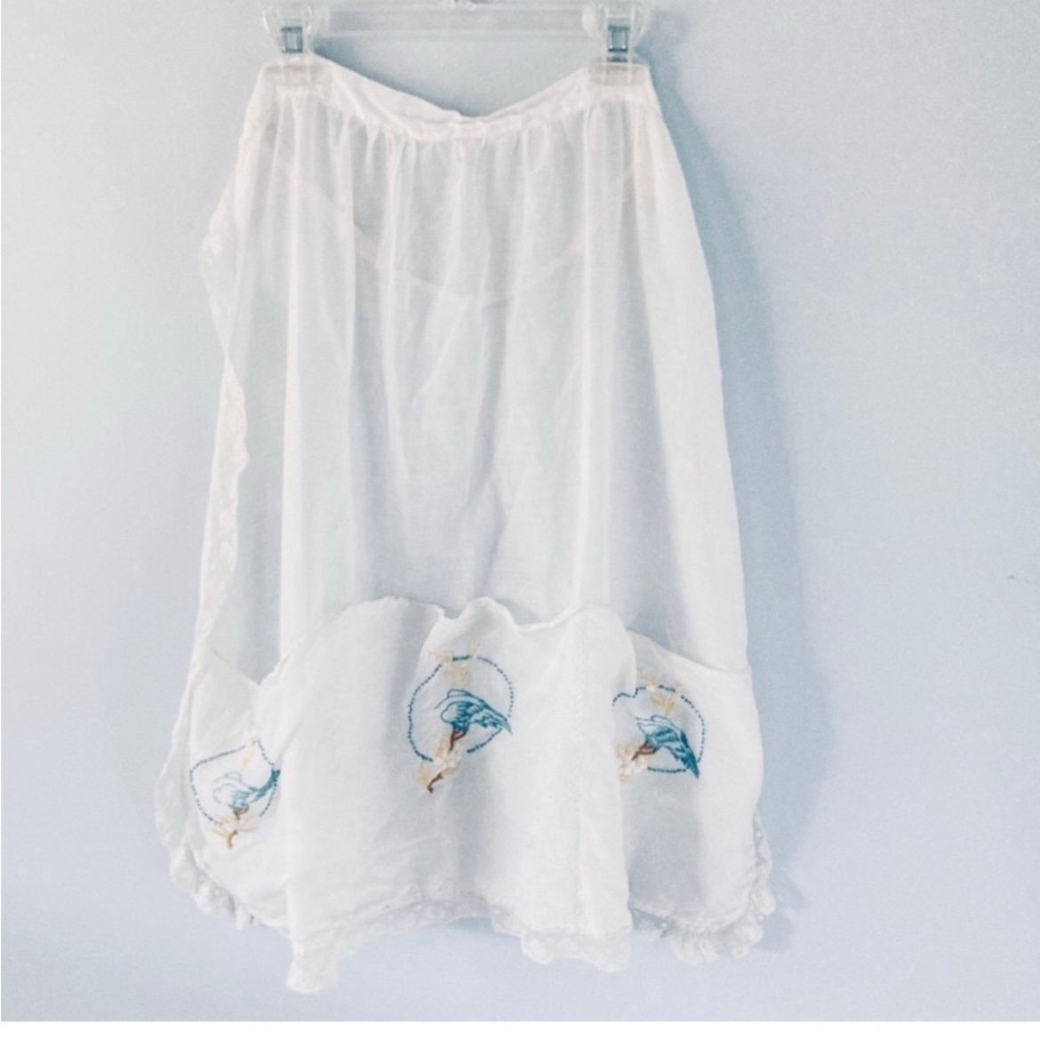 Cottagecore Sheer Apron with Lace Trim, Pockets and Embroidered Birds