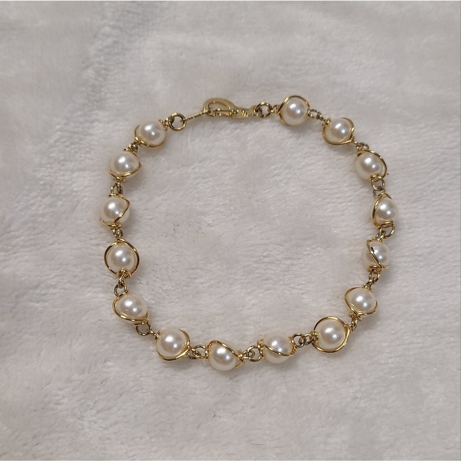 Gold Tone Wire Wrapped Faux Pearl Bracelet