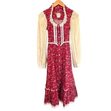 Gunne Sax Vintage 1970s Red Floral Prairie Dress Long Sleeves Lace Collar Size 5