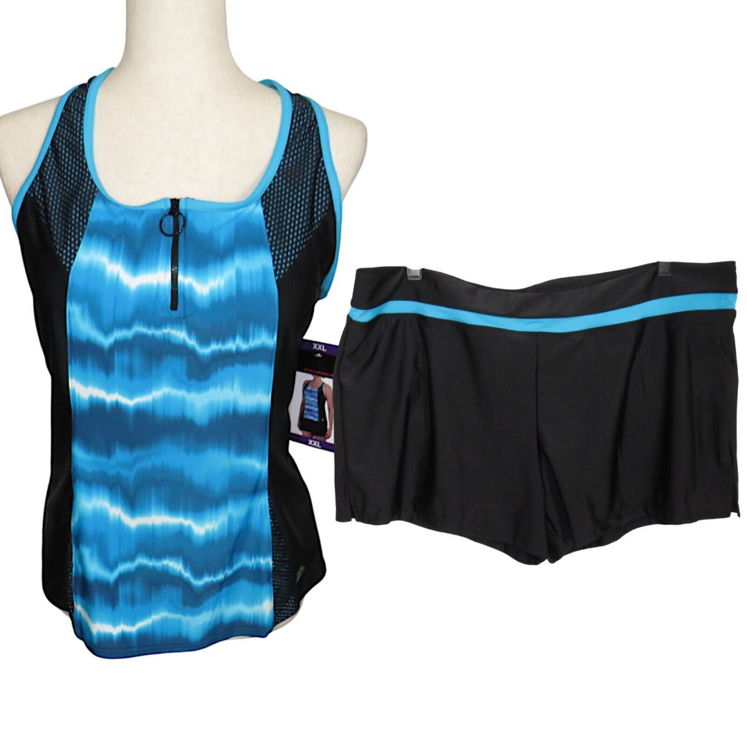 ZEROXPOSUR Blue Tie Dye Racerback Zip Up Tankini Swimsuit Set Size XXL