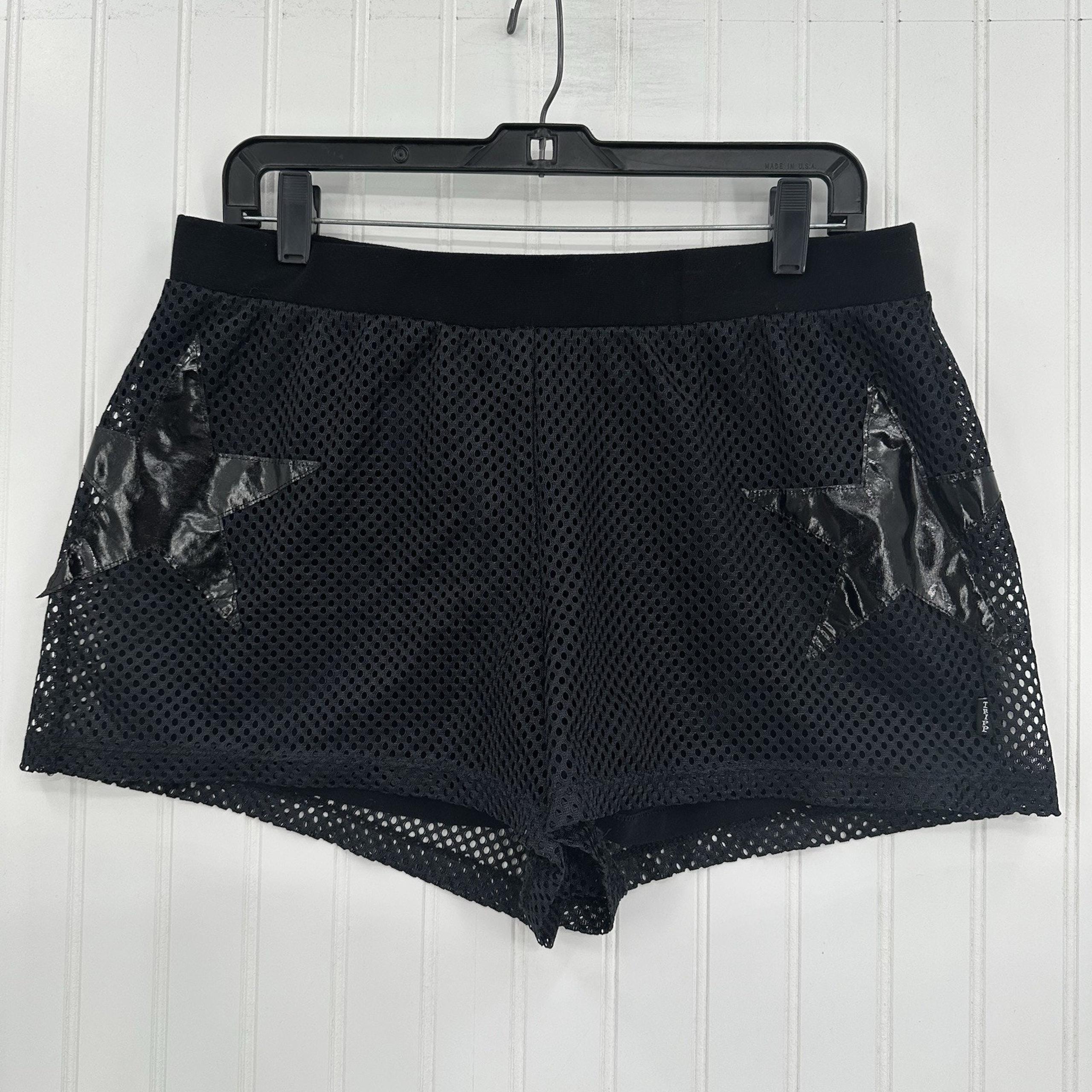 Tripp NYC Shorts Women XL Vinyl Stars Mesh Layer Black Goth Emo Rave Pull On EUC