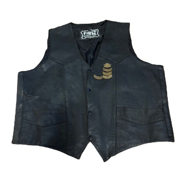 Vintage First Genuine Leather Vest Sz 50 Biker Harley Davidson Pin Hog Owner