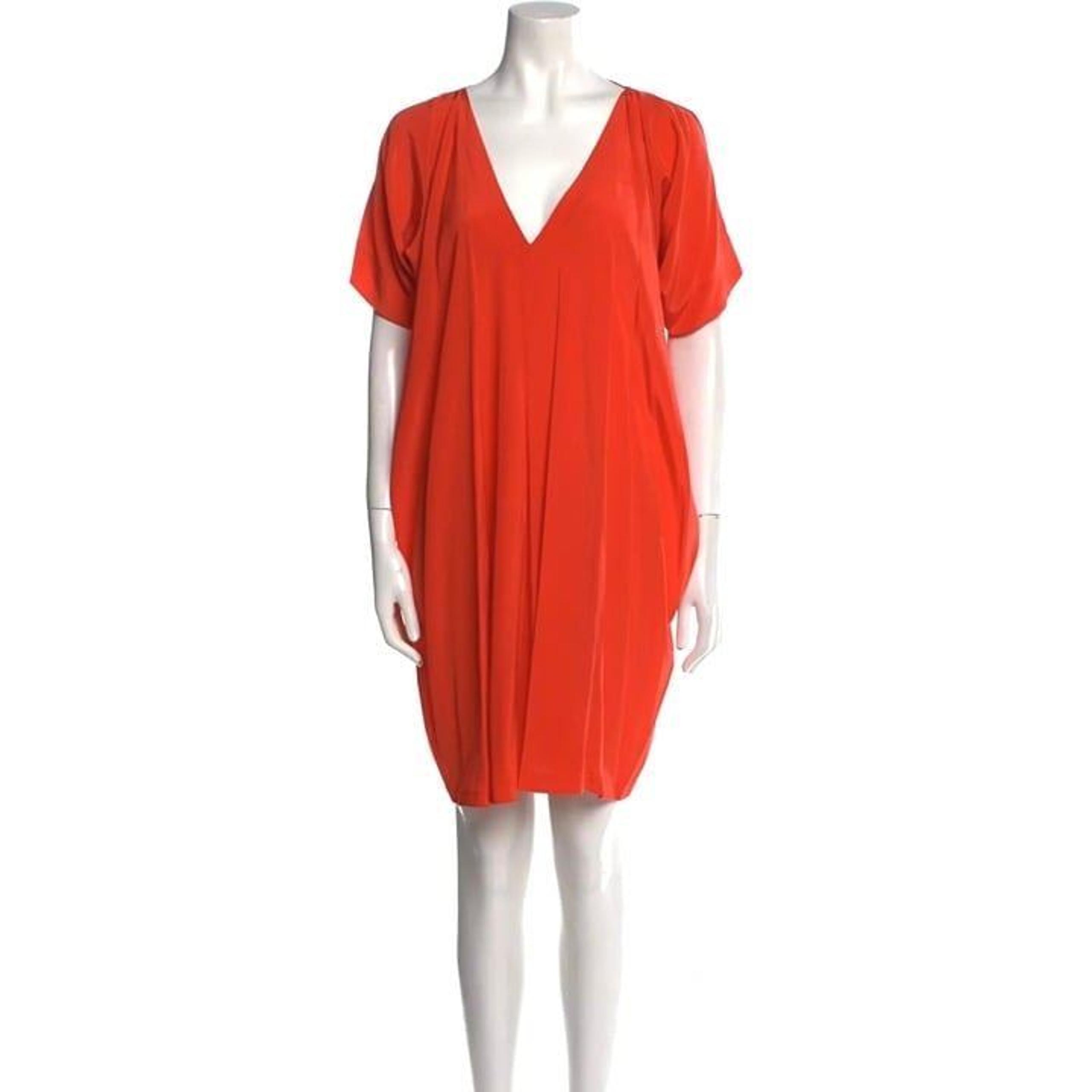 Womens Size Small Vince Coral Red Pure Silk V-Neck Silk Short Sleeve Mini Dress