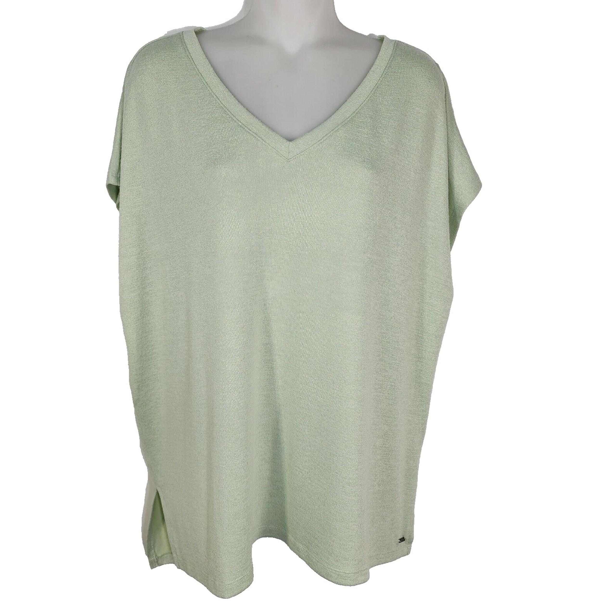 Orvis Top Women Size Large Green V Neck Stretch Short Sleeve Knit Soft Side Slit