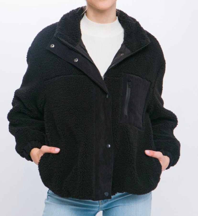 Sherpa Puffer Jacket Large Drop Shoulder Collar Full Zipper Three Pockets Black