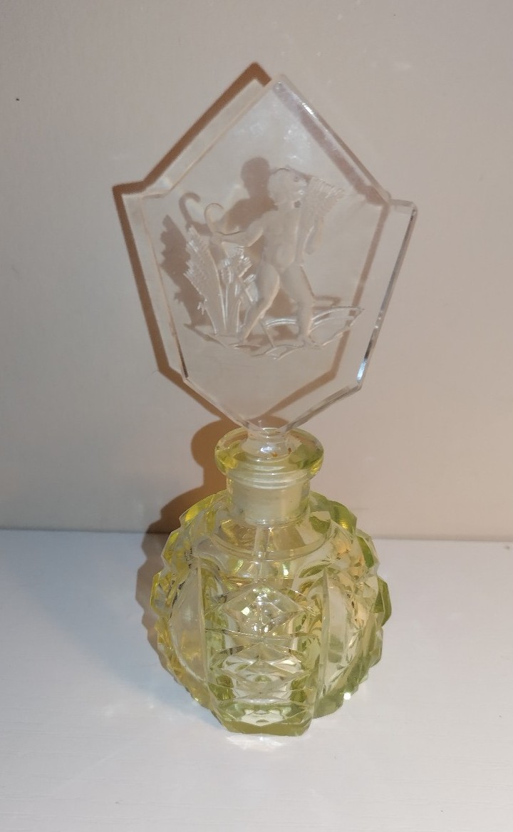 Antique Art Deco Perfume Bottle – Cherub Stopper – Czech Glass – 1920s Hoffmann