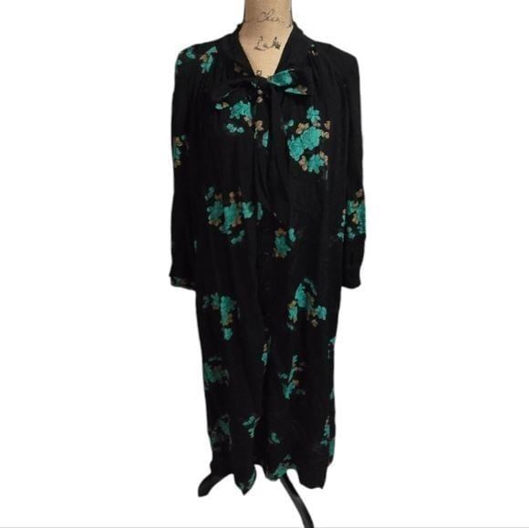 Buru Tie Neck Bow HouseCoat Dress Loose Flowy Modest Oversized Midi Floral Small