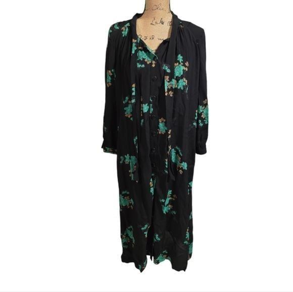 Buru Tie Neck Bow HouseCoat Dress Loose Flowy Modest Oversized Midi Floral Small - detail