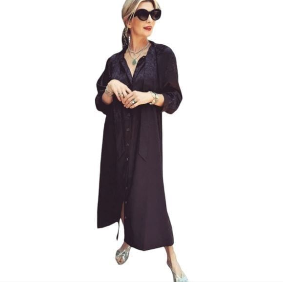 Buru Tie Neck Bow HouseCoat Dress Loose Flowy Modest Oversized Midi Floral Small - detail