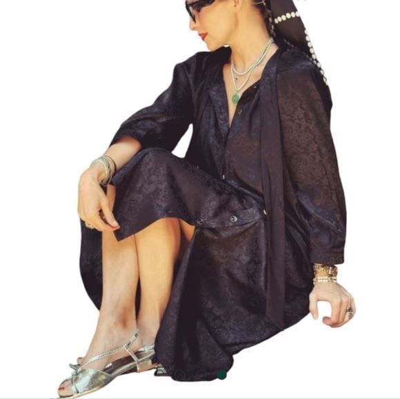 Buru Tie Neck Bow HouseCoat Dress Loose Flowy Modest Oversized Midi Floral Small - detail