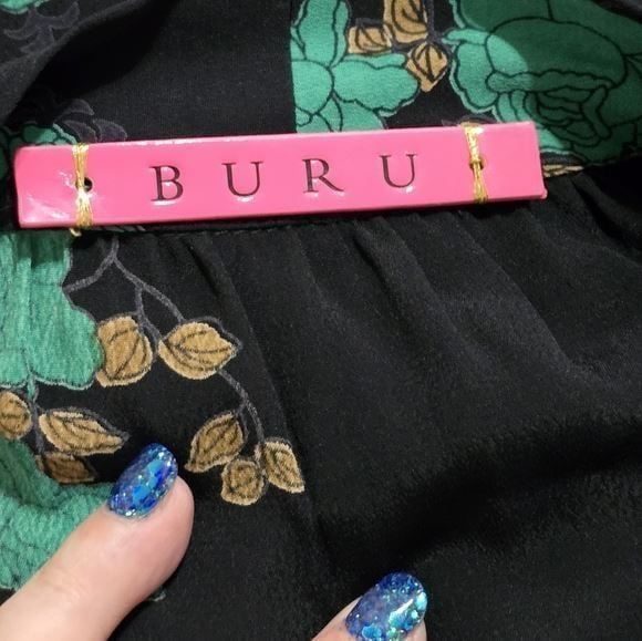 Buru Tie Neck Bow HouseCoat Dress Loose Flowy Modest Oversized Midi Floral Small - detail