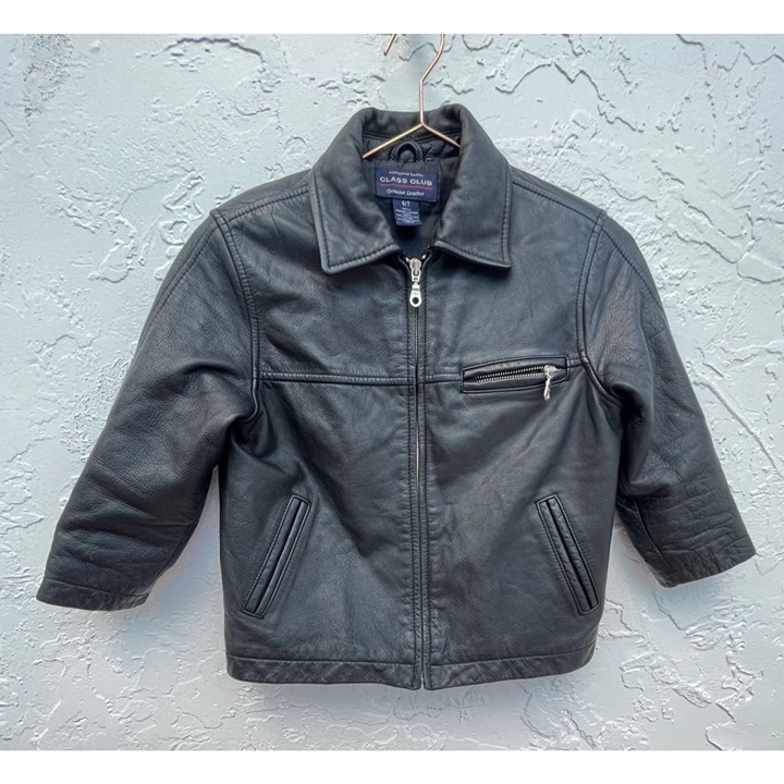 Class Club Kids Long Sleeve Full Zip Leather Motorcycle Jacket Black Sz 6/7