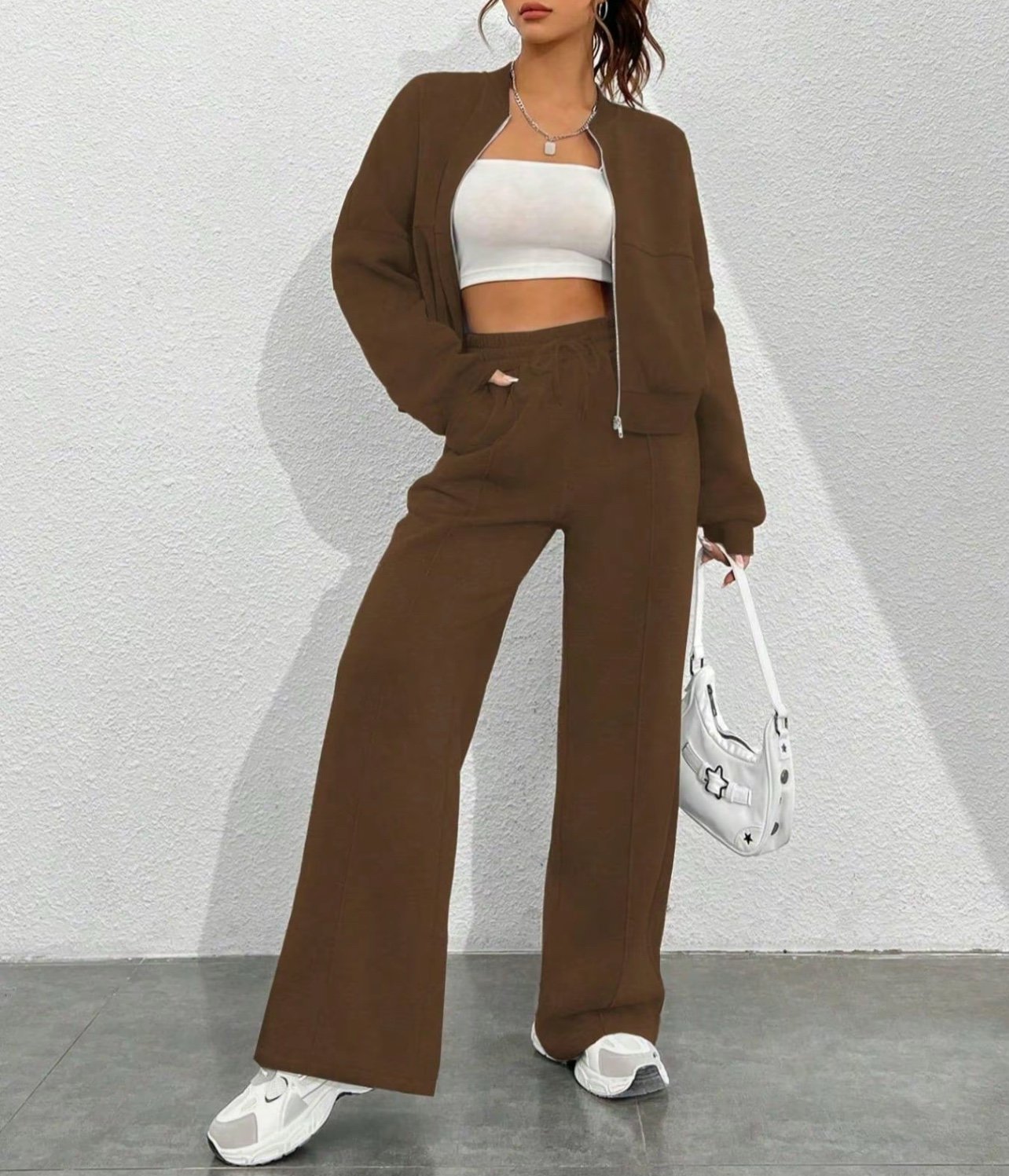 Women's Solid Drop Shoulder Zipper Jacket & Wide Leg Pants Two-piece Set, Matchi