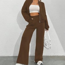Women's Solid Drop Shoulder Zipper Jacket & Wide Leg Pants Two-piece Set, Matchi